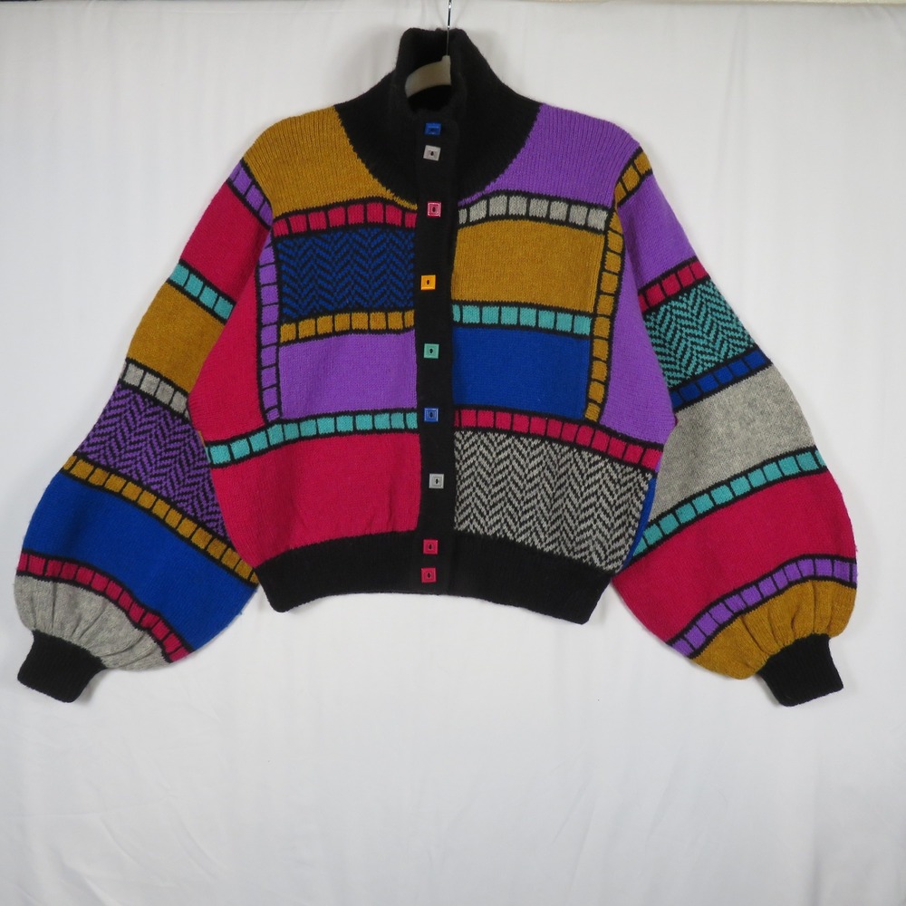 Kotki Dwa Scotland Wool Patchwork Cardigan Sweater Colorful Knit‎ Handmade Small